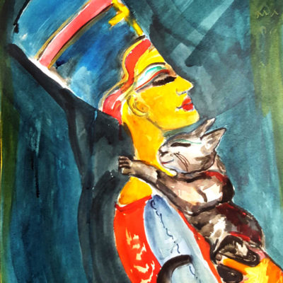 Female Pharaoh & her cat ink & watercolour